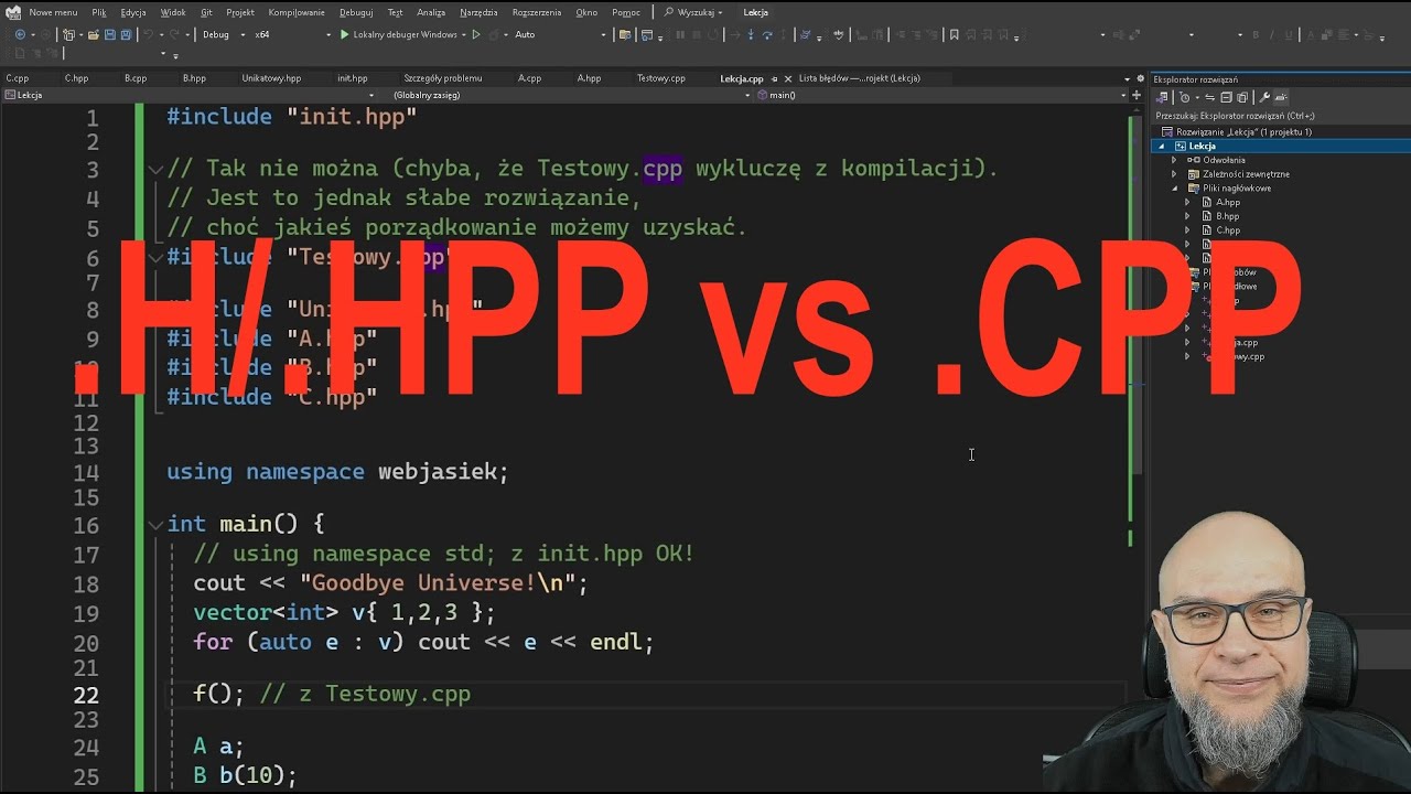 #C++. #Różnostki. Nagłówki .hpp a pliki .cpp - przykład. VS 2022.