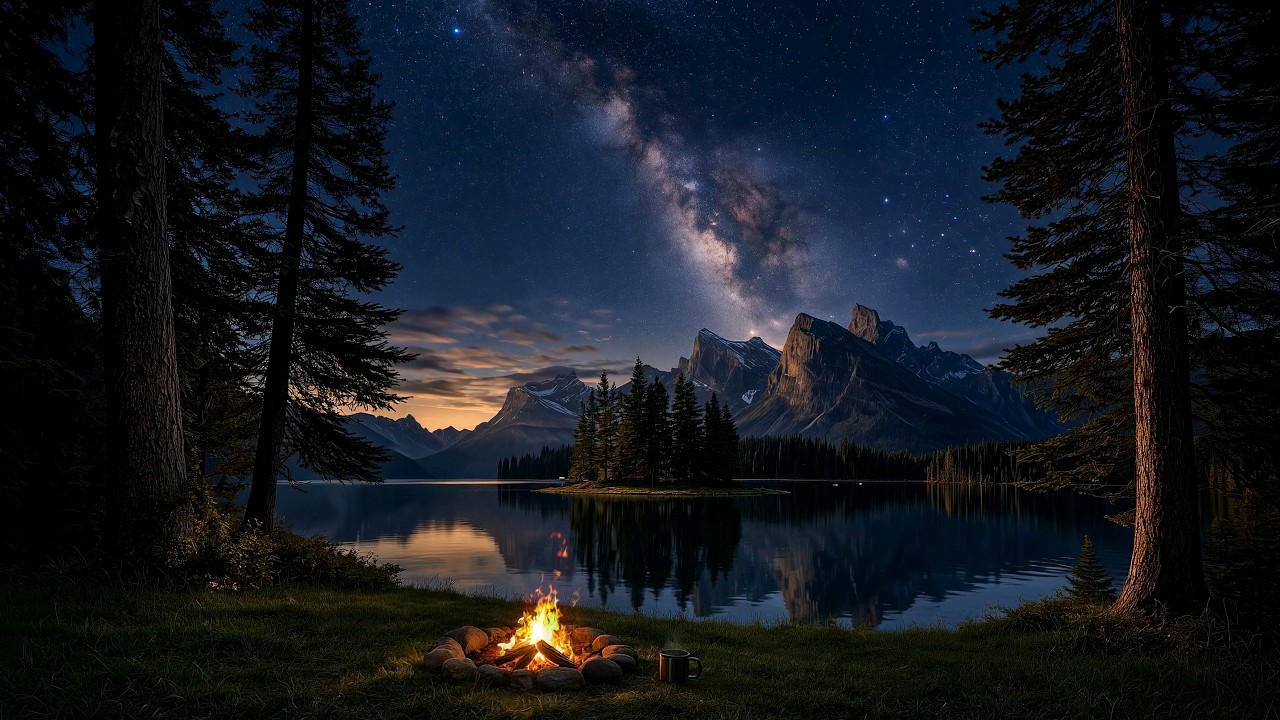 12H CAMPFIRE (No Mid Ads) 🌙 Deep Sleep by Night Lake with Soft Fire and Relaxing Crickets 🌌
