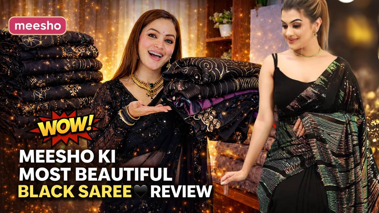 Meesho black saree try on Sabse elegant look🖤 #MeeshoBlackSaree#BlackSareeHaul#SareeReview