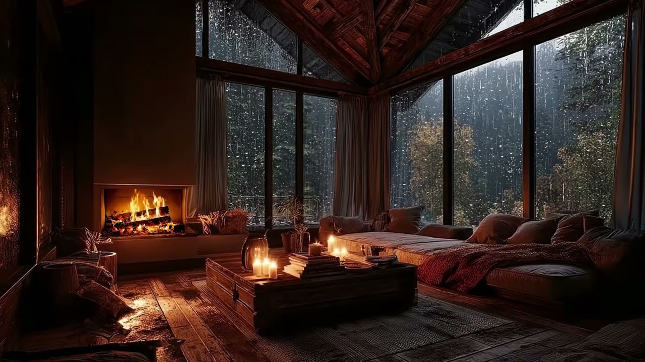 Peaceful Fireplace Crackling and Rain Sounds for Deep Sleep and Cozy Night Relaxation