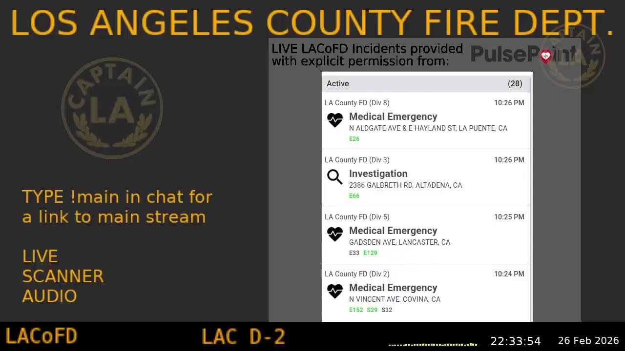 LA County Fire - *Live* LACoFD Scanner - LA Captain - 26-Feb-2026 - S9