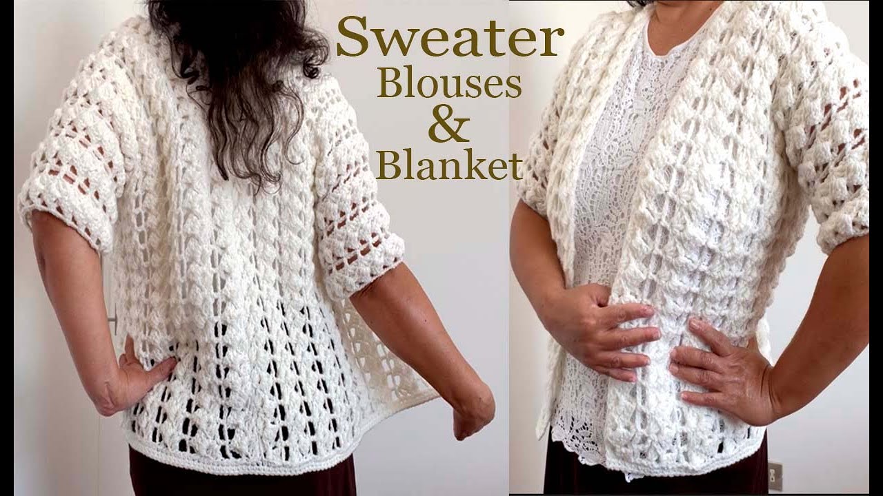 BLUSA CARDIGAN CHAQUETA SUETER Lindo Bonito Tejido con 2 Rectángulos para Mantas a Crochet