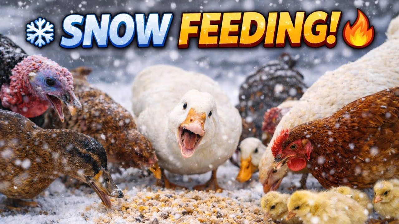Snowy Rural (Village) peaceful & Feeding Time ❄️🦆 | Geese, Ducks, Chickens & Turkeys in Winter