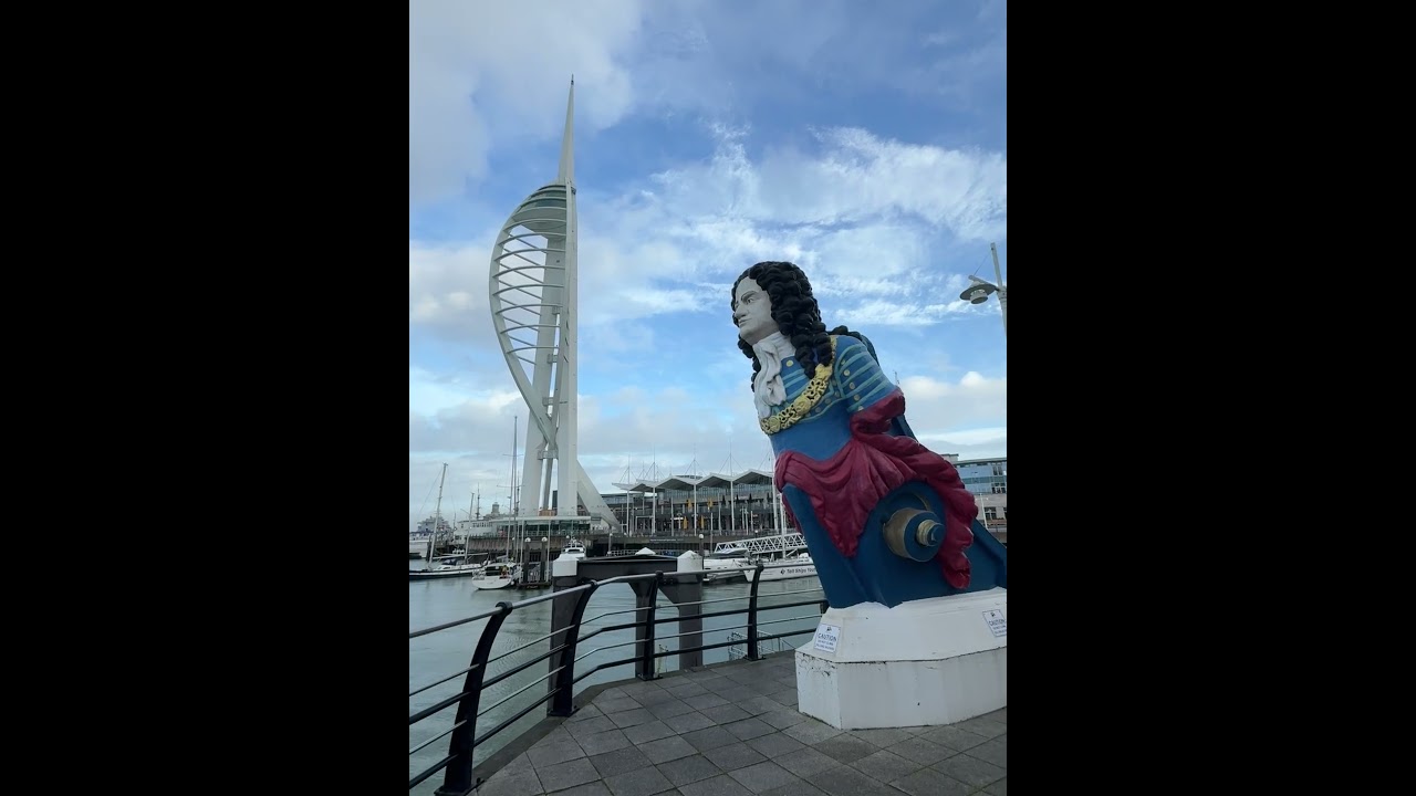 HMS Marlboroughs figurehead watches Portsmouth Harbour where naval history meets the modern skyline!