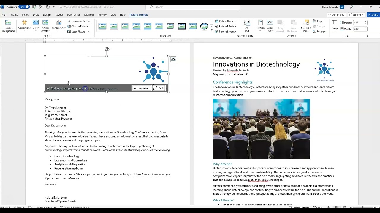 Word 365/2021 Cengage/SAM Project 1a Module 03 Creating a Business Letter-S. Cashman