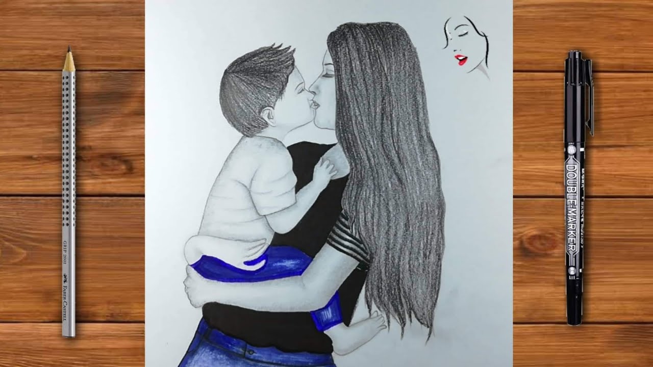 How to draw a Mother and Son love drawing / Girl kissing Pencil Sketch Drawing | The Crazy Sketcher