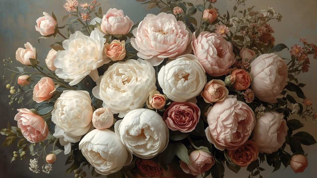 Romantic Blush & Ivory Peony Bouquet Vintage Painting | Frame TV Art | 2-Hour Screensaver