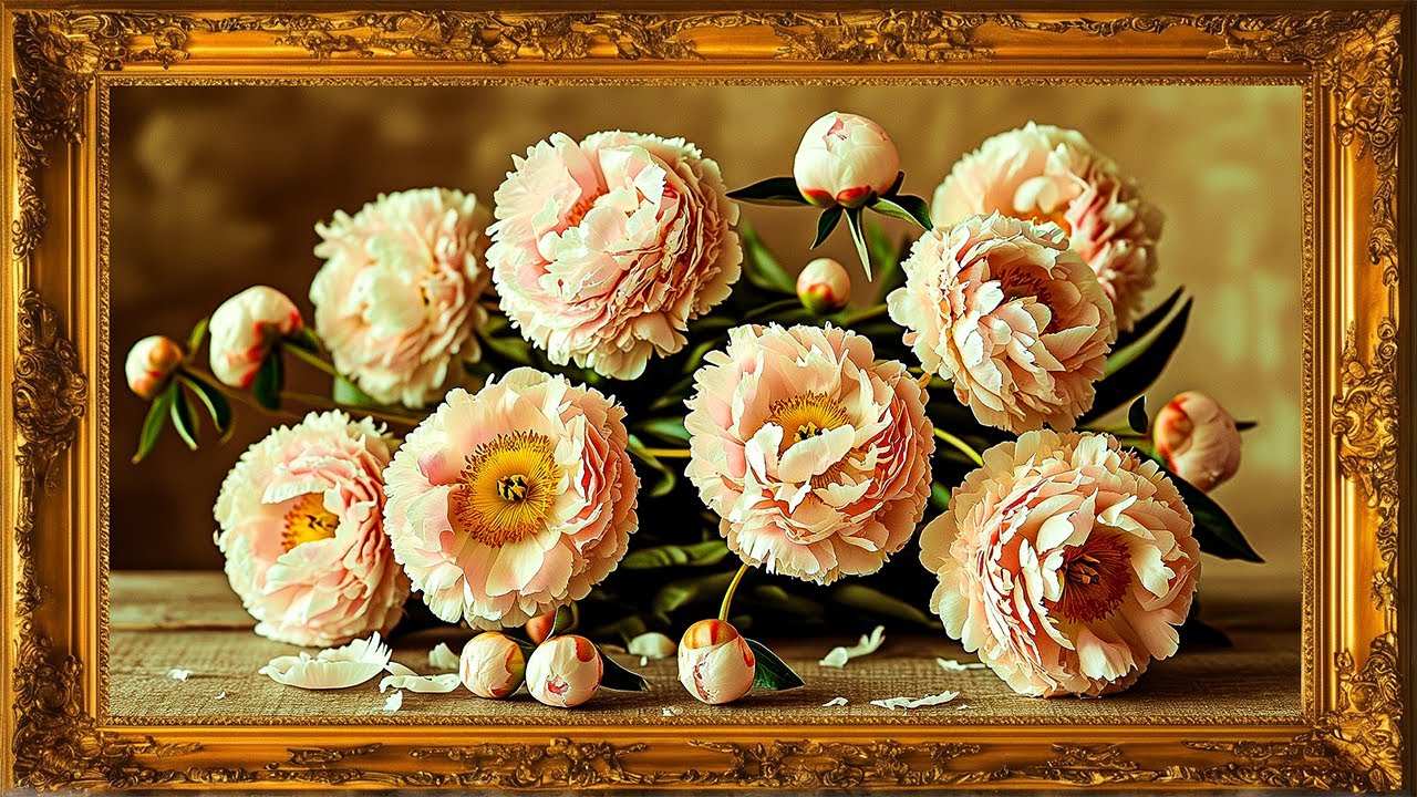 Gold Framed Vintage | Peony Golden Frame TV Art Screensaver for TV | Wallpaper Flowers