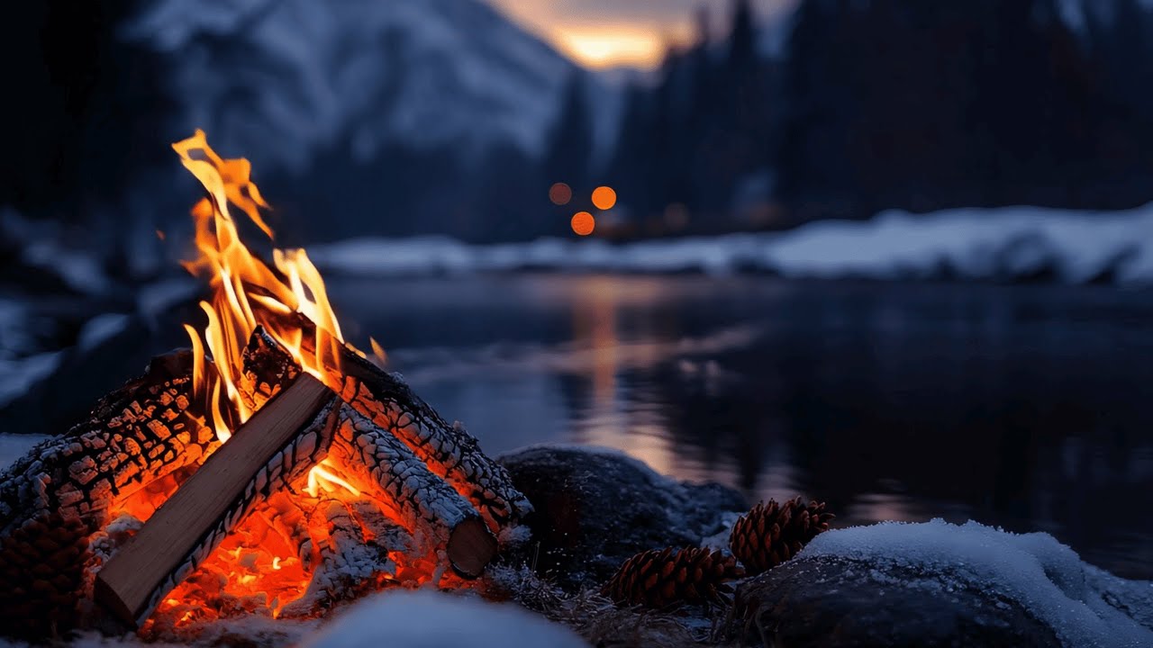 Winter River Retreat in the Snow ❄️🔥 4K Campfire Ambience to Beat Insomnia