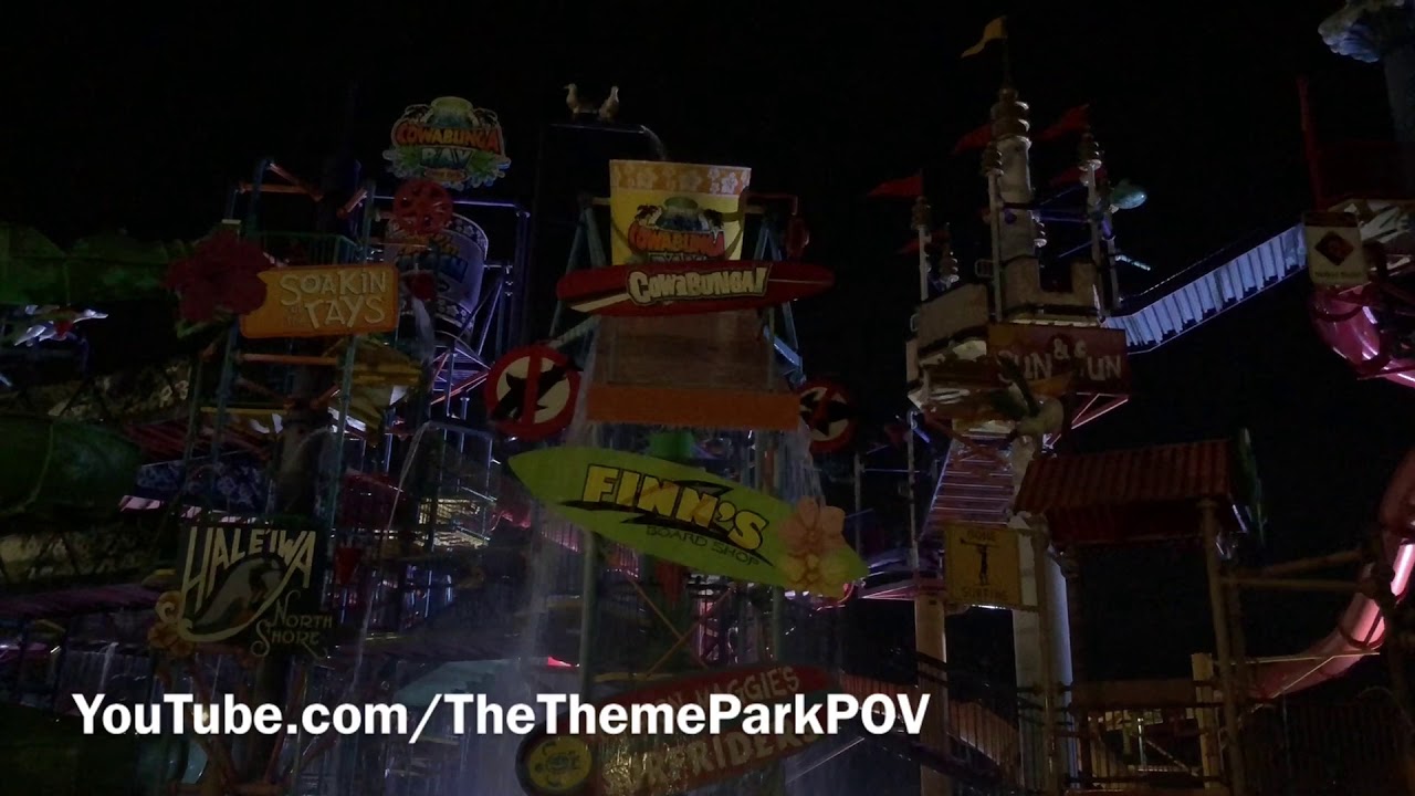 Yellow Tipping Bucket at Night at Cowabunga Bay Water Park