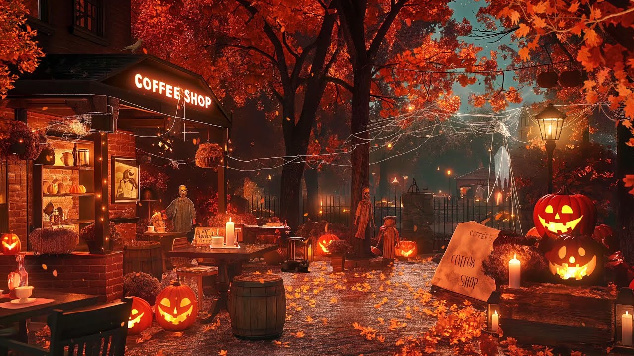 Scary Halloween Coffee Shop by the Graveyard with Jazz Background Music