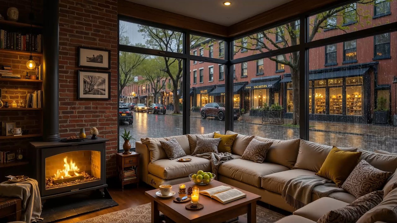 A Rainy Day in Cozy Café Ambience ☕ Smooth Jazz Piano Instrumental & Fireplace for Focus, Study