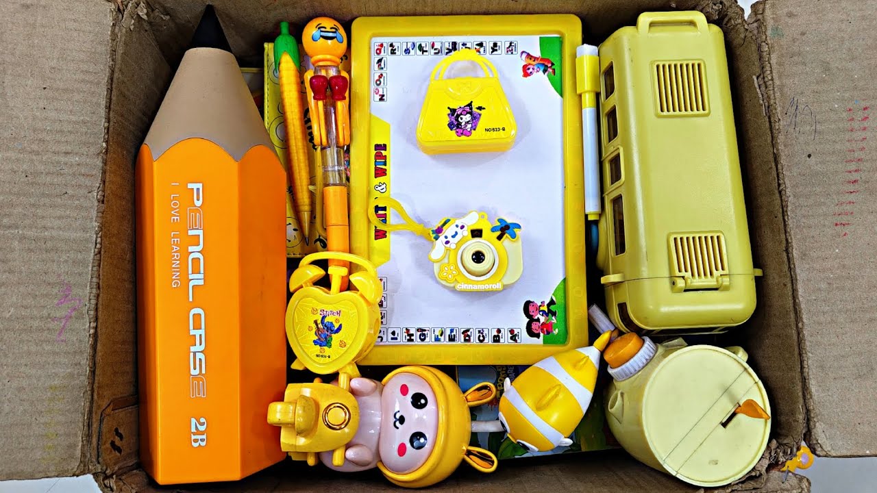 Ultimate Yellow Stationery items, Pencil Case, Sipper bottle, Desk lamp, Pen, Erasner, geometry