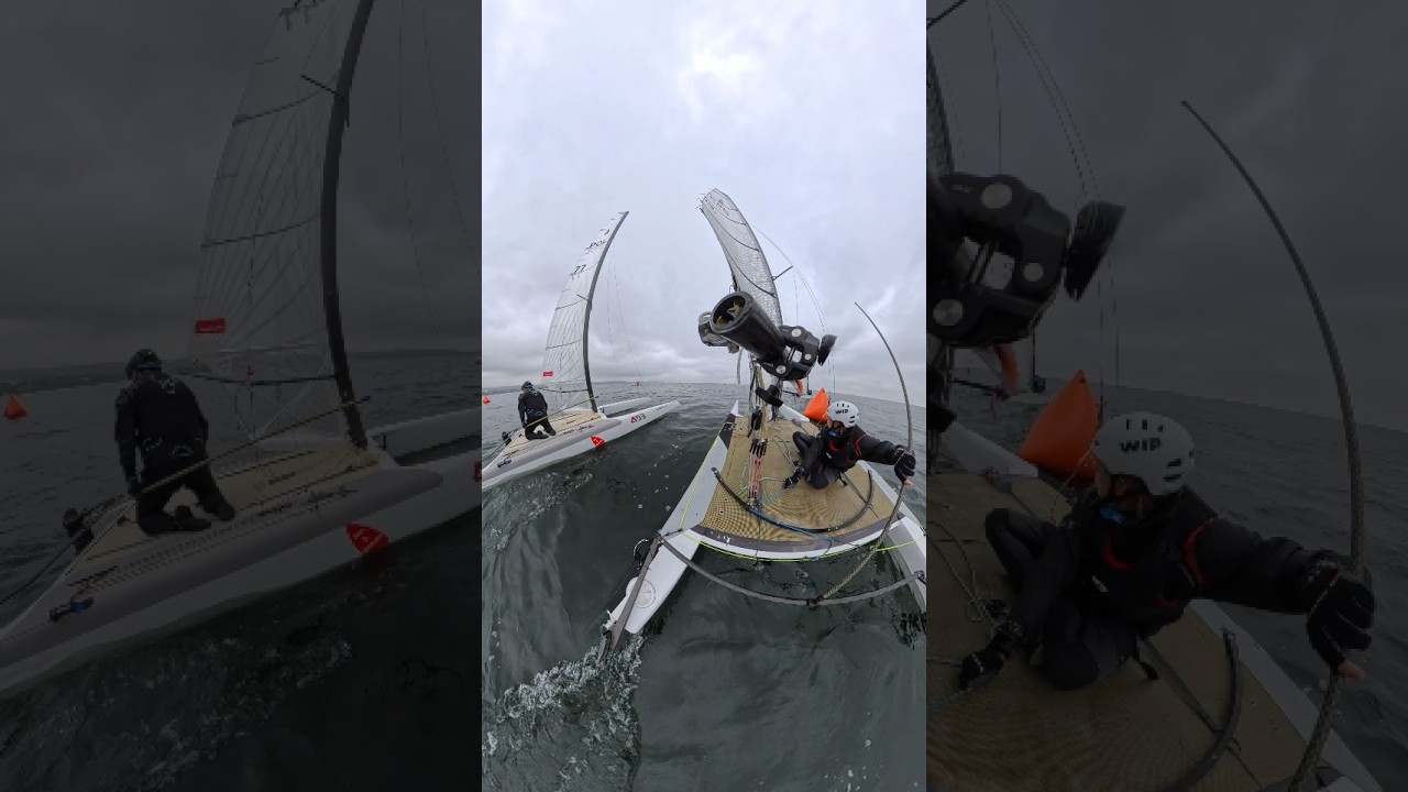 Entry to the lower mark on A-Class catamaran regatta 