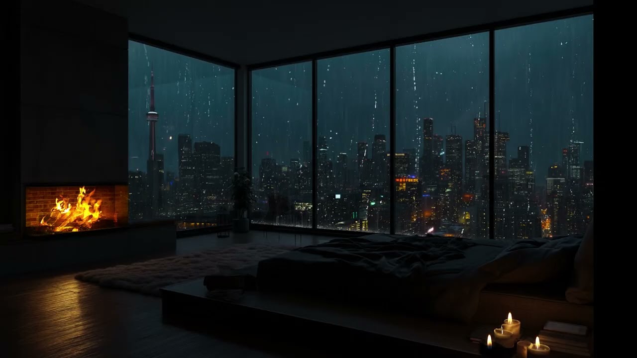 Ultra-Luxury Penthouse at Midnight, Warm Fireplace Glow Against a Rainy Urban Skyline