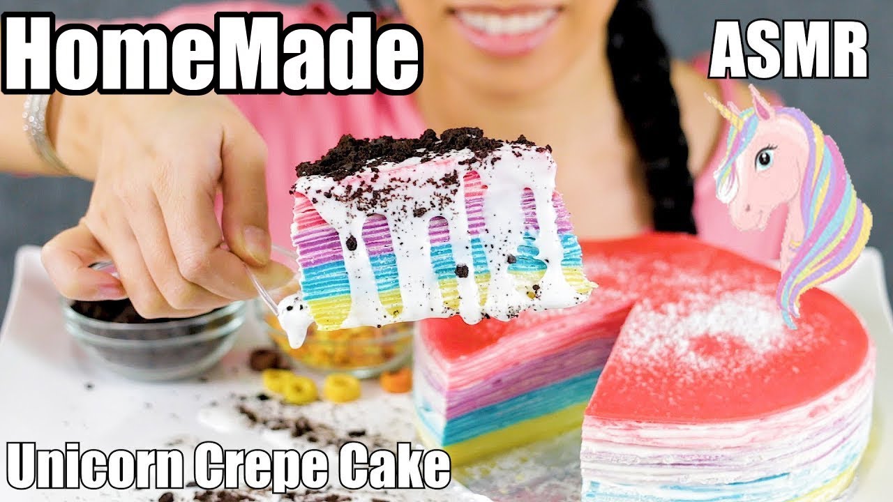 ASMR Eating 🦄 🦄 HOMEMADE UNICORN CREPE CAKE 🦄 🦄(24 LAYERS!)  리얼사운드 | Soft Crunchy Sounds l 먹방