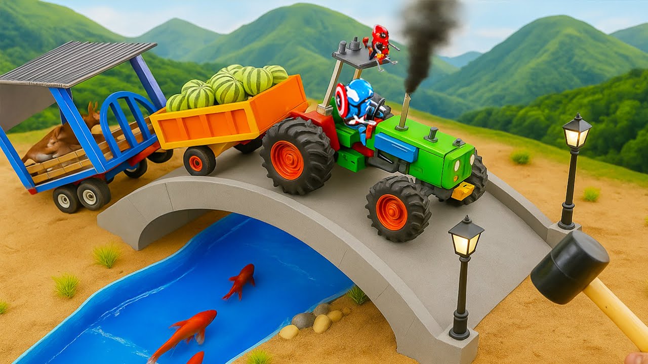 Thief Destroys Wooden Bridge - DIY Mini Tractor Builds Brick and Concrete Bridge for Trucks