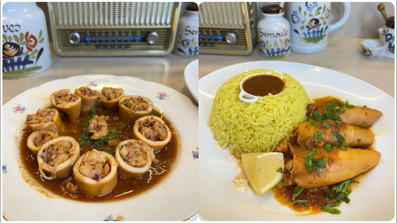 كلمار محشي بالكروفات بنة عظيمة recette de calamar farci à la crevette