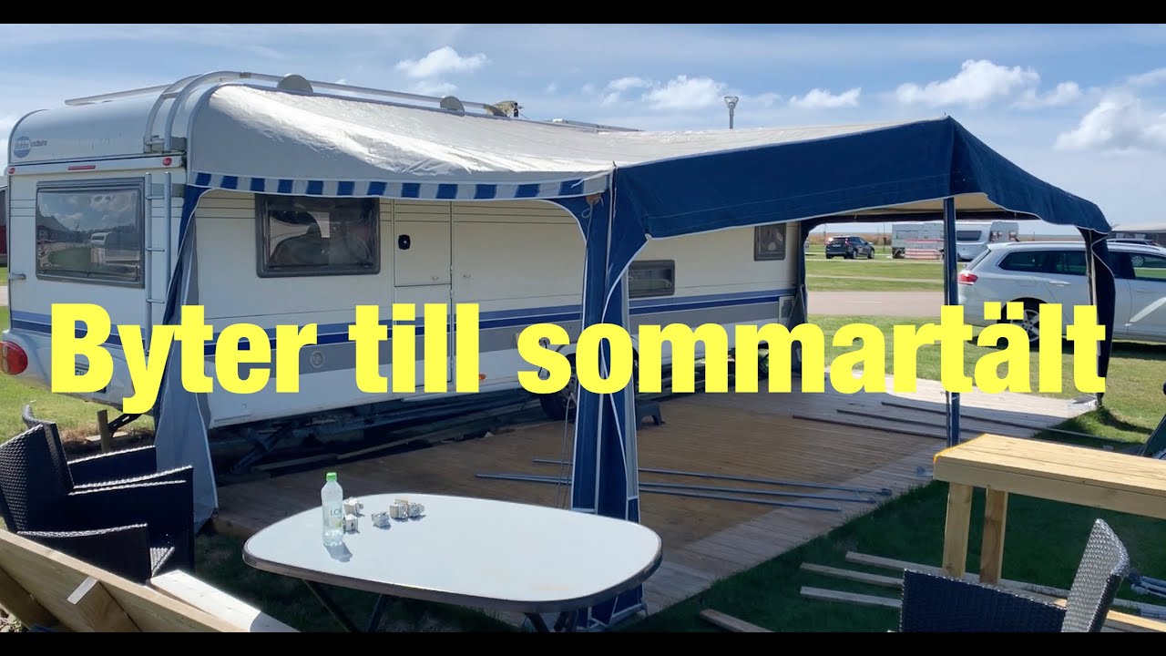 Husvagnen byter vintertält till sommartält.