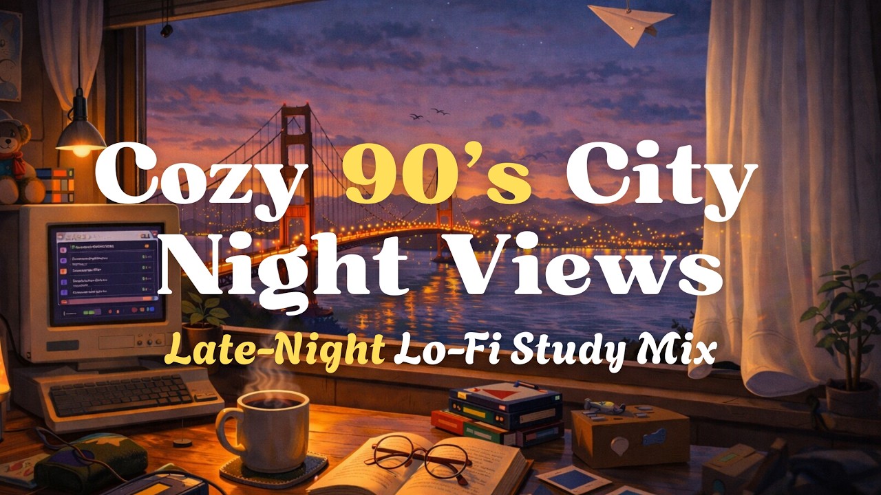 Late Night 90s Lofi Beats for Studying 🌆 Cozy Bedroom & Golden Gate Bridge View ☕ | AudioJoy 🦆