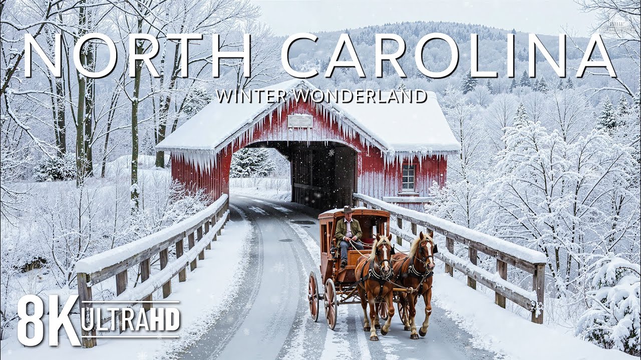 North Carolina Winter 8K UHD ❄️ Snowy Forests, Misty Mountains & Peaceful Countryside Roads 🌨️