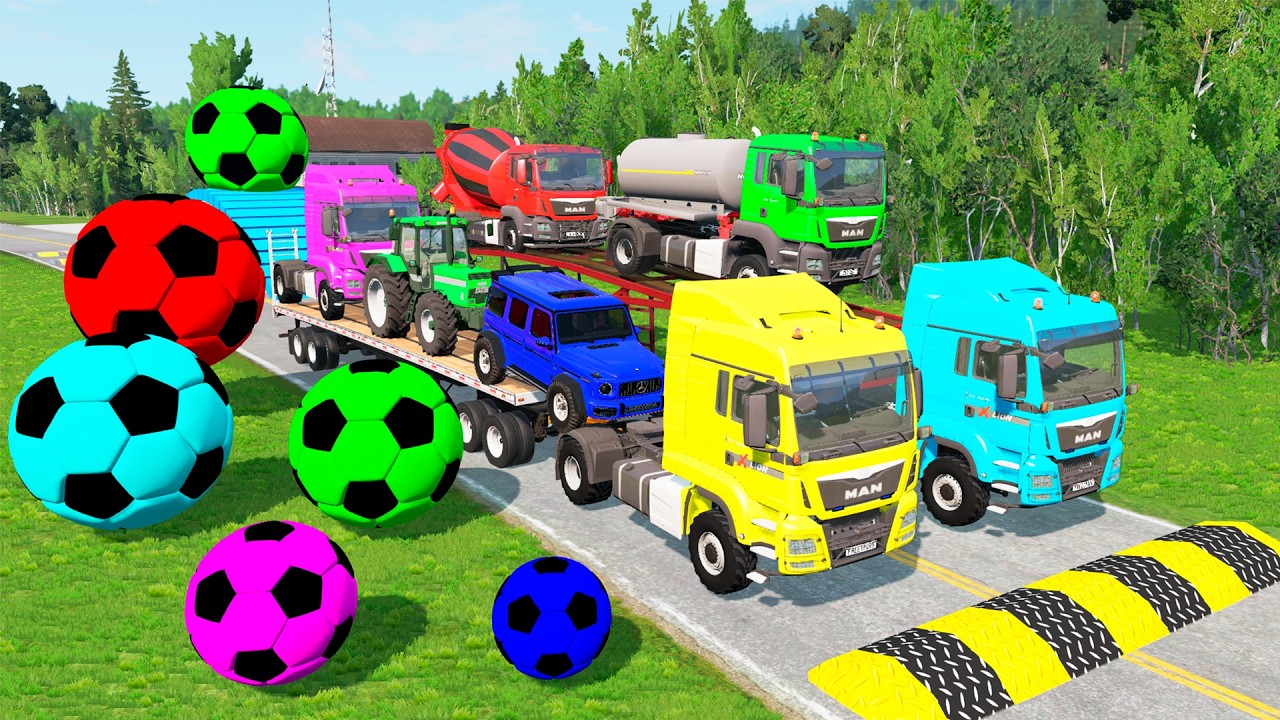 Flatbed Trailer McQueen Transportation with Truck - Speedbumps vs Cars vs Train - BeamNG.Drive #04