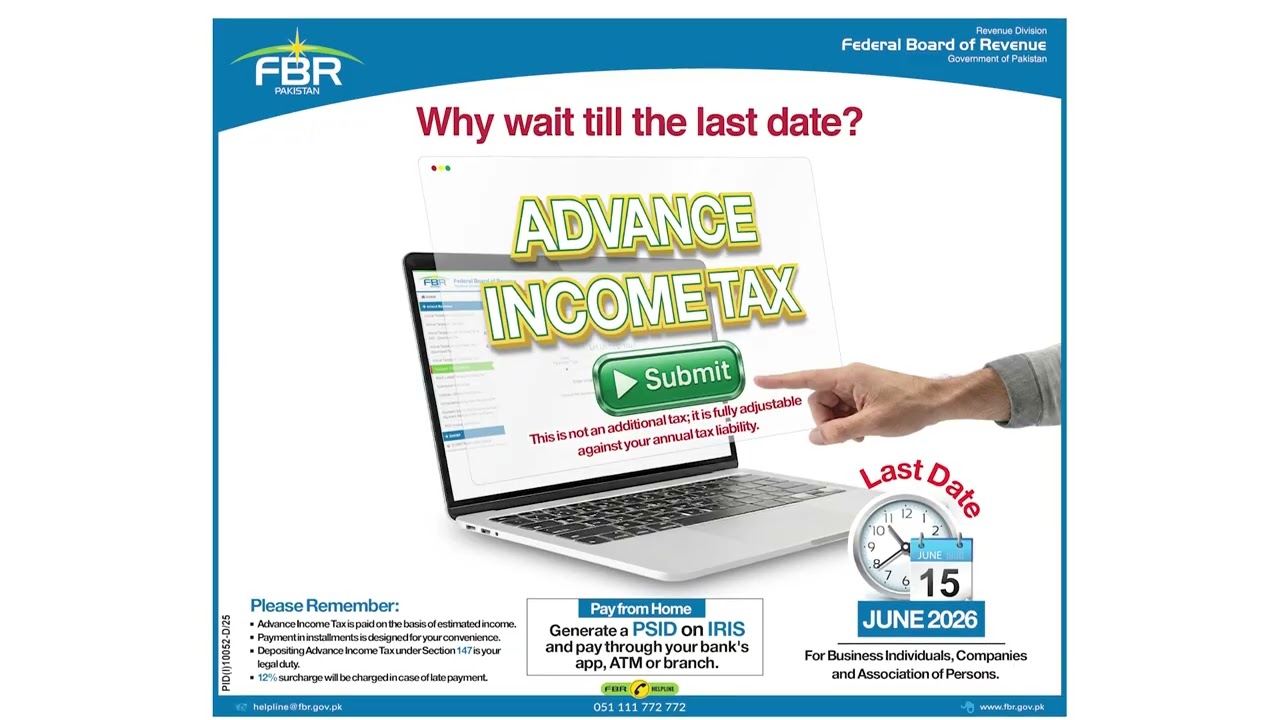 FBR Notice: Advance Income Tax due date is June 15, 2026. FBR English
