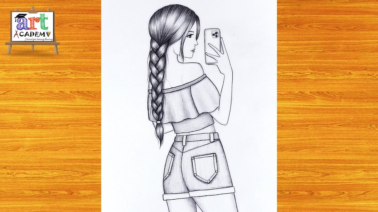 Easy Drawing Tutorial: Draw a Girl Taking a Selfie with a Long Hair 🎨 #رسم #رسومات