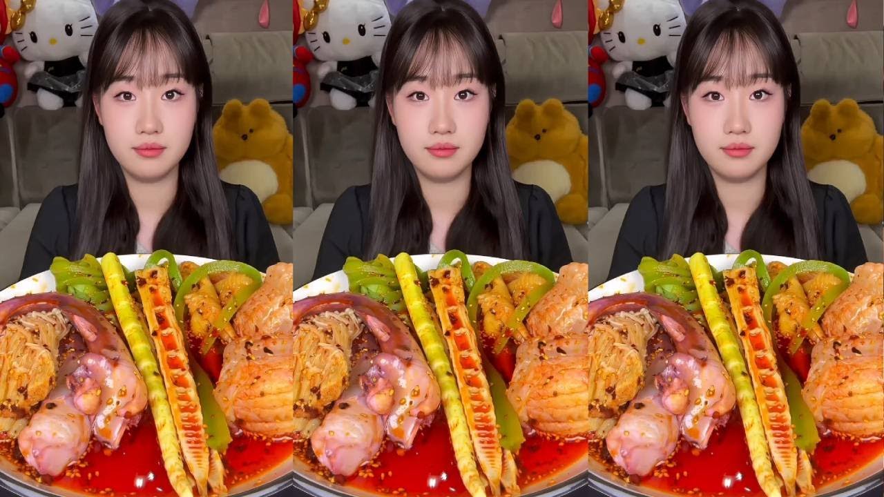 Immersive eating of crispy red oil vegetables