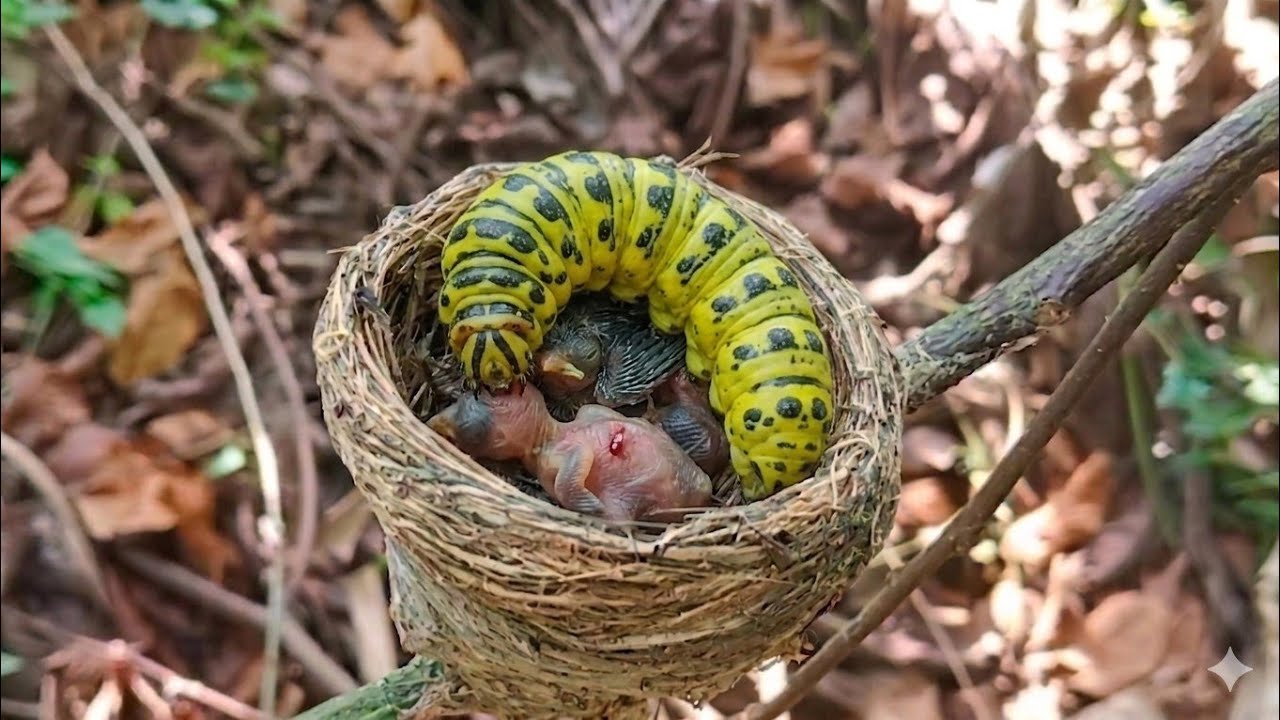 Baby bird was eating when suddenly a caterpillar entered the nest