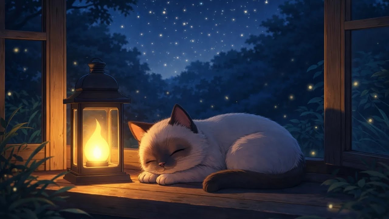 Ghibli Night ASMR 🌙🐱 | Sleeping Cat, Lantern Glow & Fireflies
