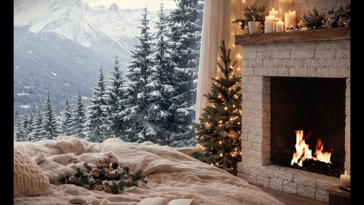 Cozy At Home | Snowy Bedroom Ambience with Cozy Fire & Piano Music