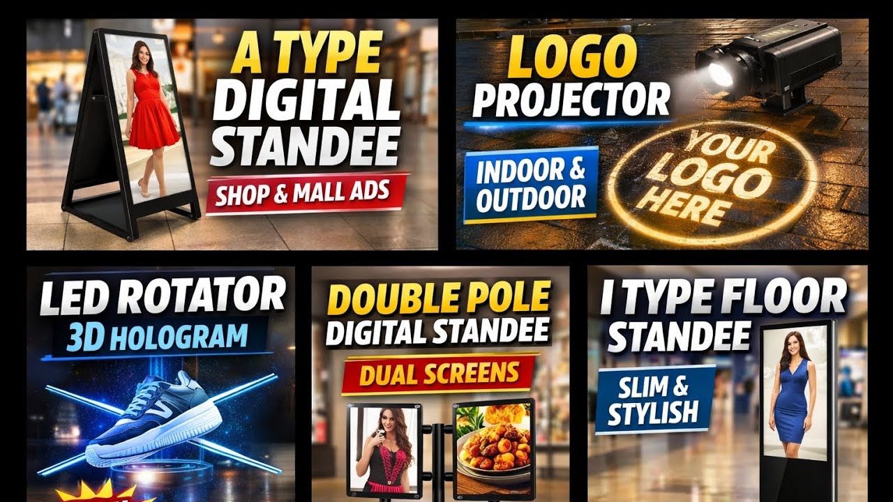 All Types of Digital Standee for Advertising | LED Rotator, Logo Projector & More
