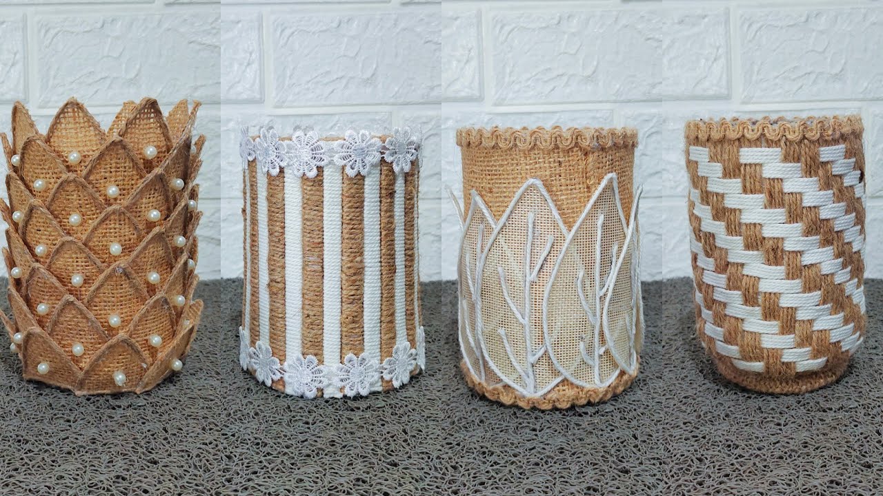 4 Ide Kreatif Dari Botol Bekas || Tempat Pensil Dari Tali Rami Dan Kain Goni