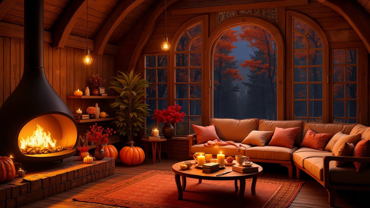 Autumn Porch Rain & Fireplace Glow 🍂 Fireplace Crackling for Deep Focus, Reading, and Relaxation