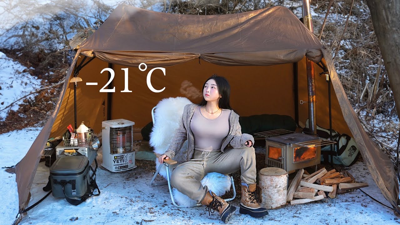 Экстремальный холод 21℃ ❄️ Жаркий кемпинг в палатке на снегу . ASMR-видео с кемпингом