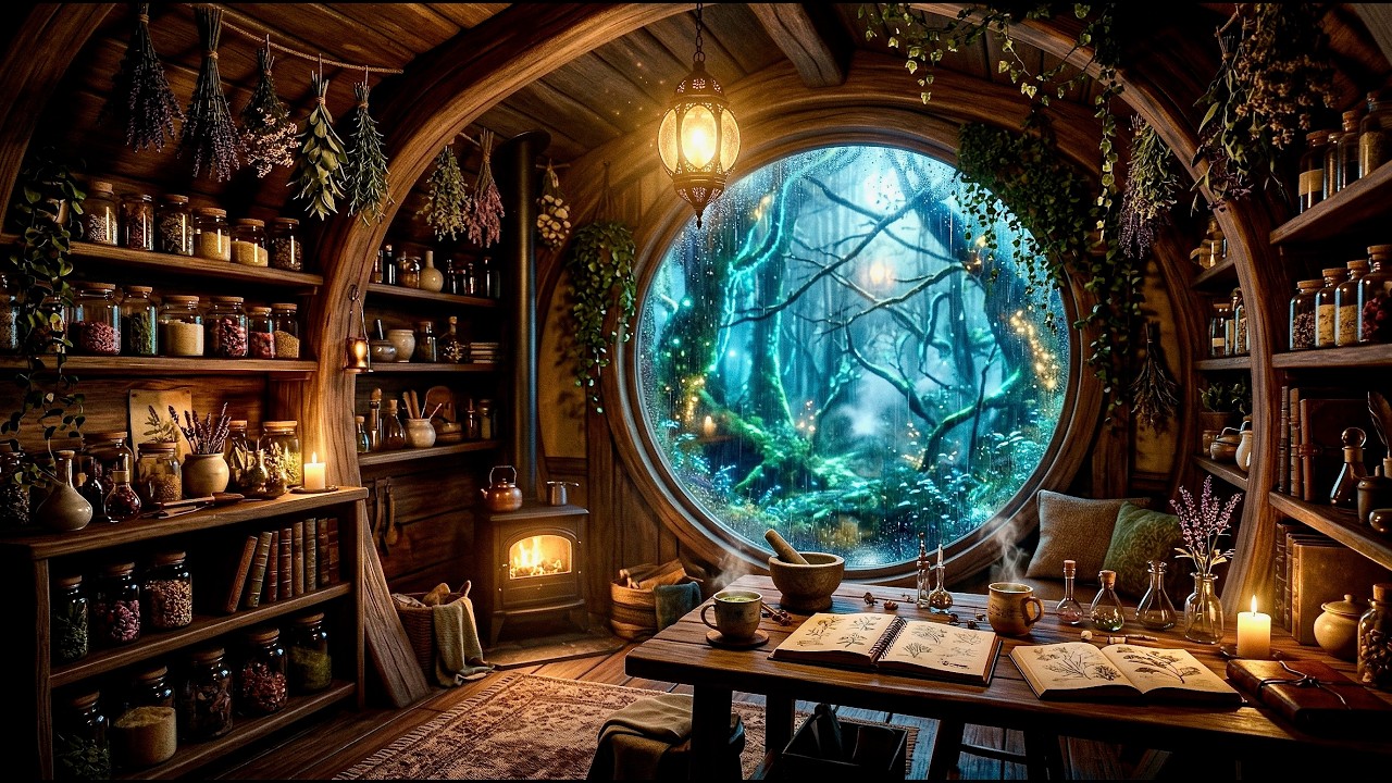 Enchanted & Cozy Herbalist Treehouse Rainy Fantasy Ambience 🌿🌧️  | Study, Relax & Sleep