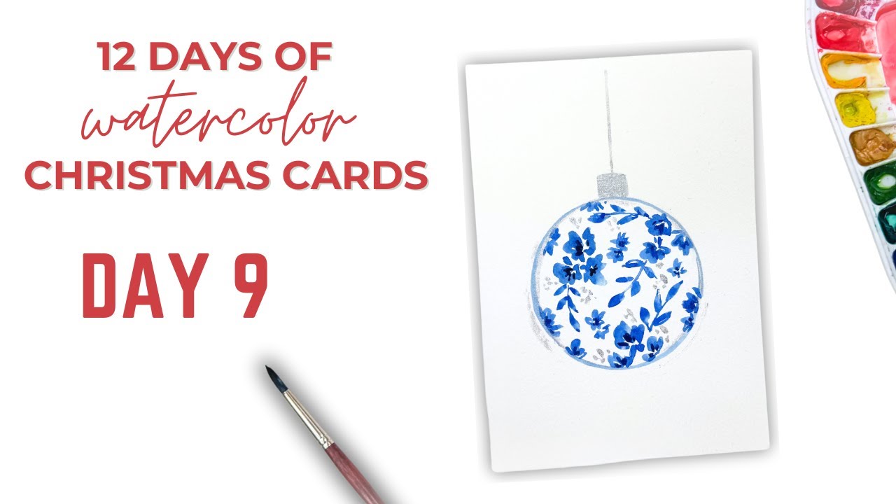 Day 9 of Watercolor Christmas Cards- Blue and Silver Floral Ornament!