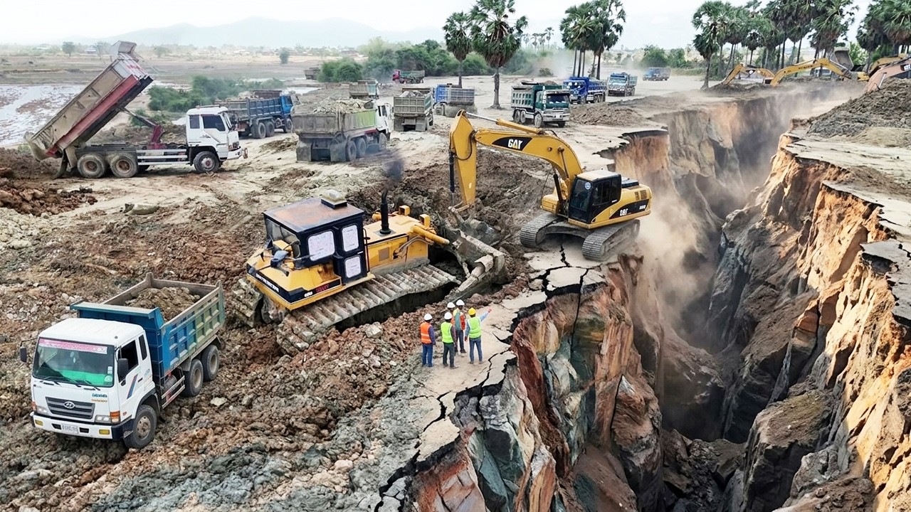 WOW!! MASSIVE LAND FILLING PROJECT! Giant Bulldozer, CAT Excavator & Dump Trucks Working Near a Huge