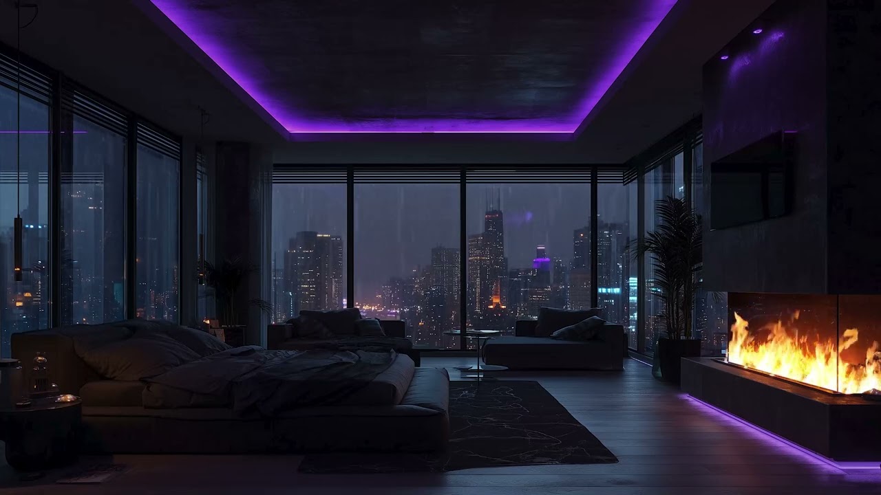 3 Hours Rainy Midnight in a City Penthouse 🌧️🌃 | Fireplace Ambience for Deep Sleep & Relaxation 🔥😴