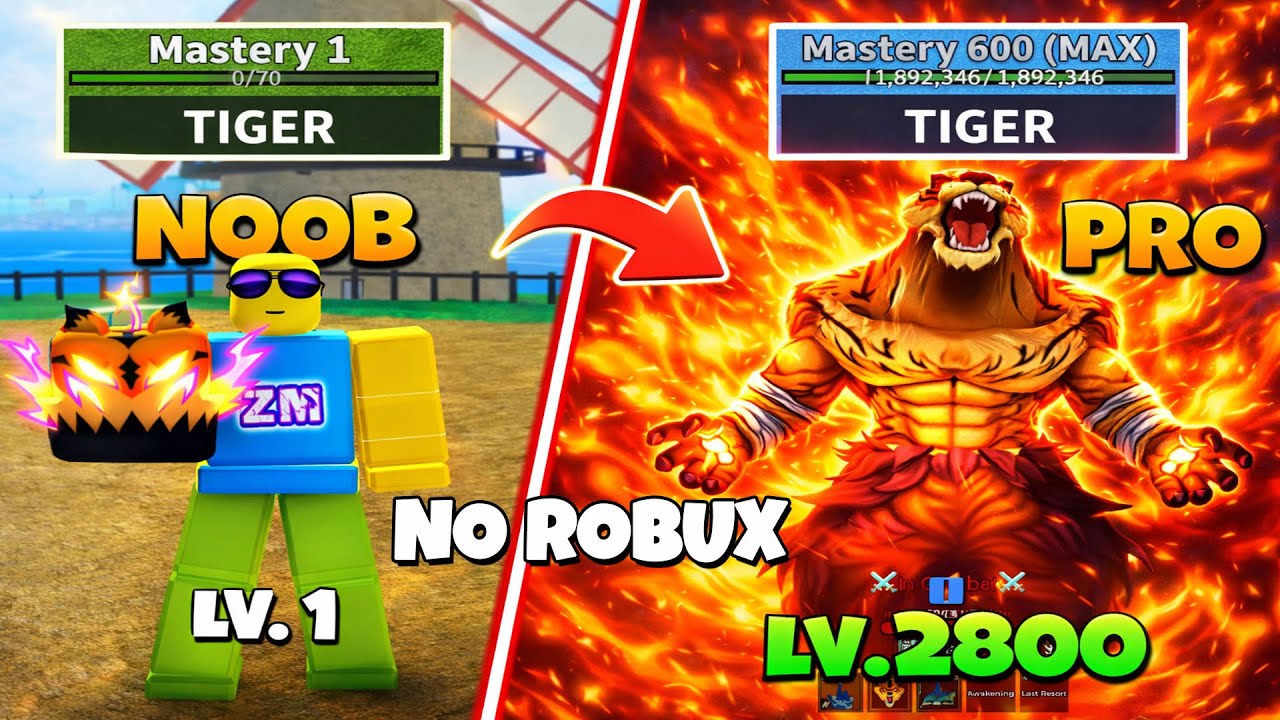 (ZERO ROBUX) NOOB to MAX Level using *TIGER* Fruit in Blox Fruits | Human Race V4 Full Awakening!