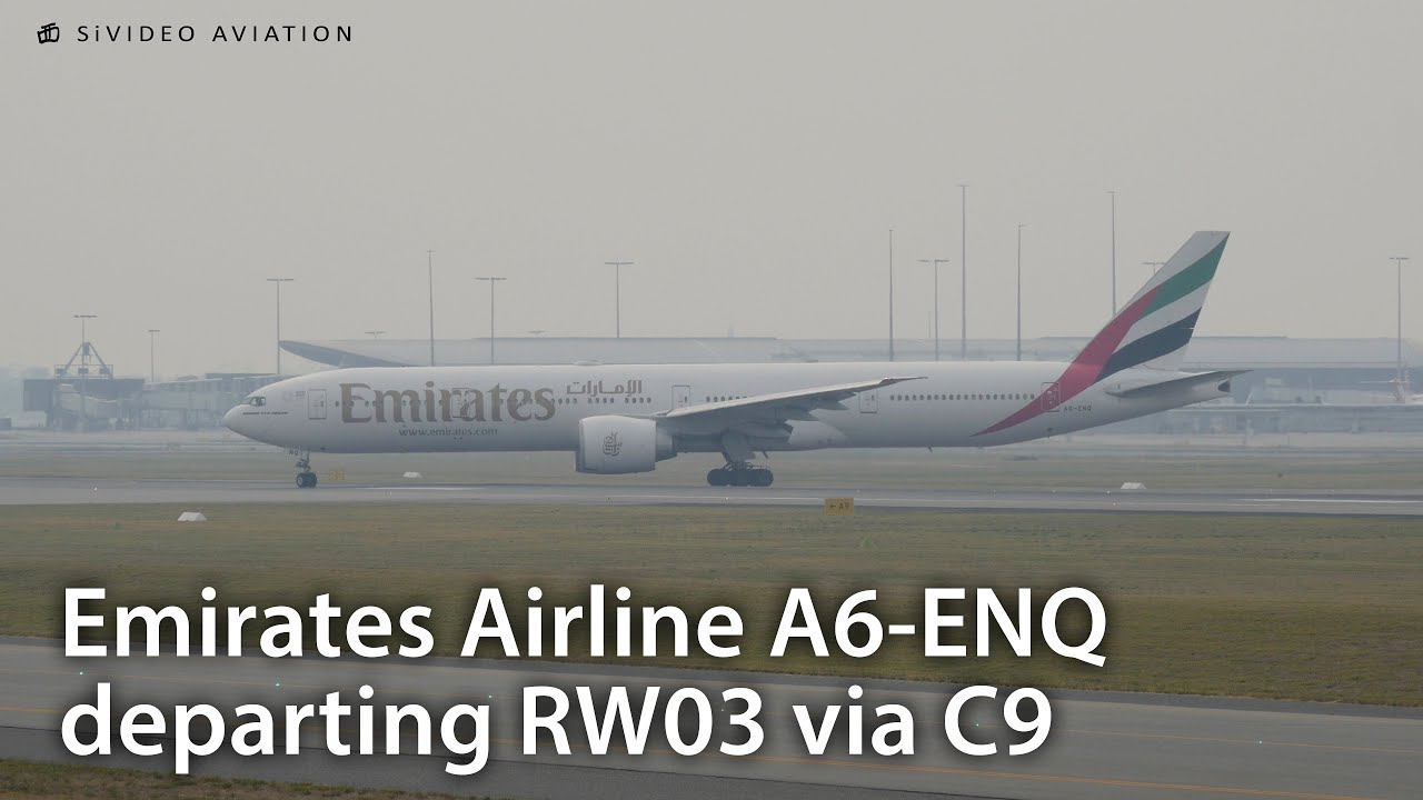 Emirates Airline (A6-ENQ) departing a smoky RW03 via Charlie 9 at Perth Airport.