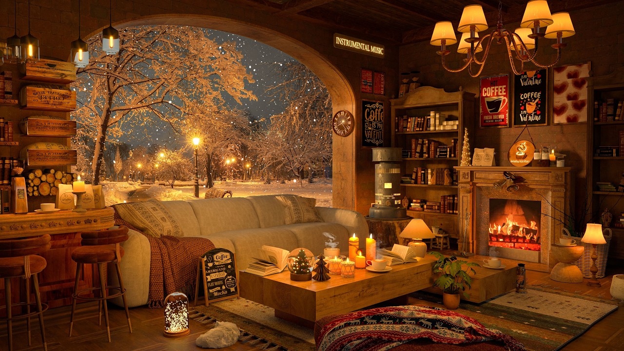 Romantic Winter Jazz at Cozy Coffee Shop 💕❄️ Soft Jazz Music with Cozy Fireplace for Relax & Study