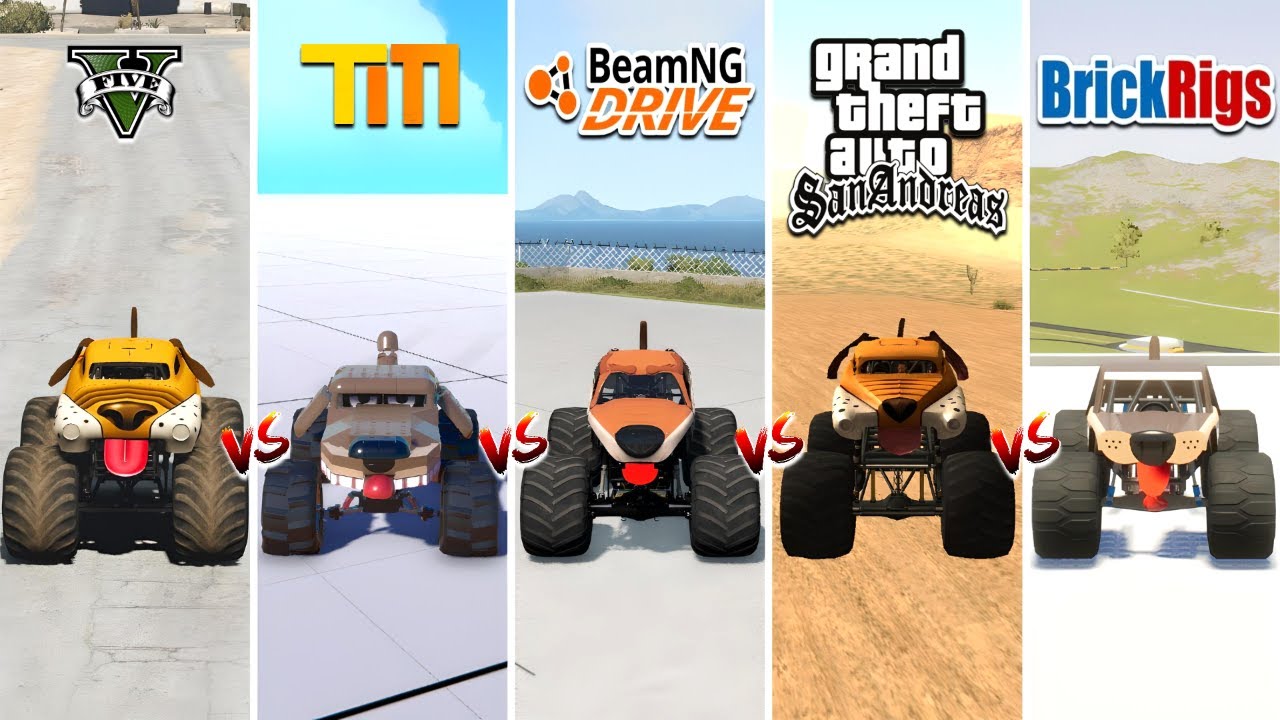 GTA 5 MONSTER MUTT MONSTER JAM TRUCK vs TRAILMAKERS vs GTA SA vs BRICKRIGS vs BEAMNG