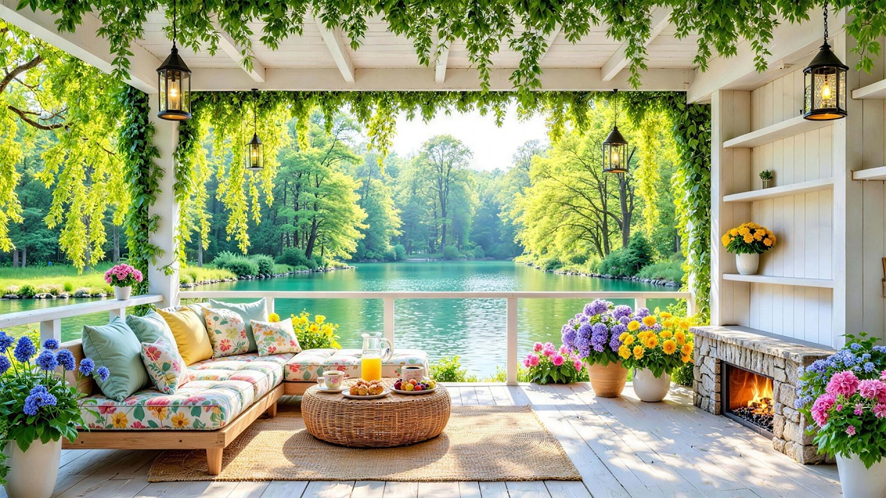Soothing Piano Music & Fireplace for Studying 🌸 Spring Morning Ambience at a Lakeside Porch