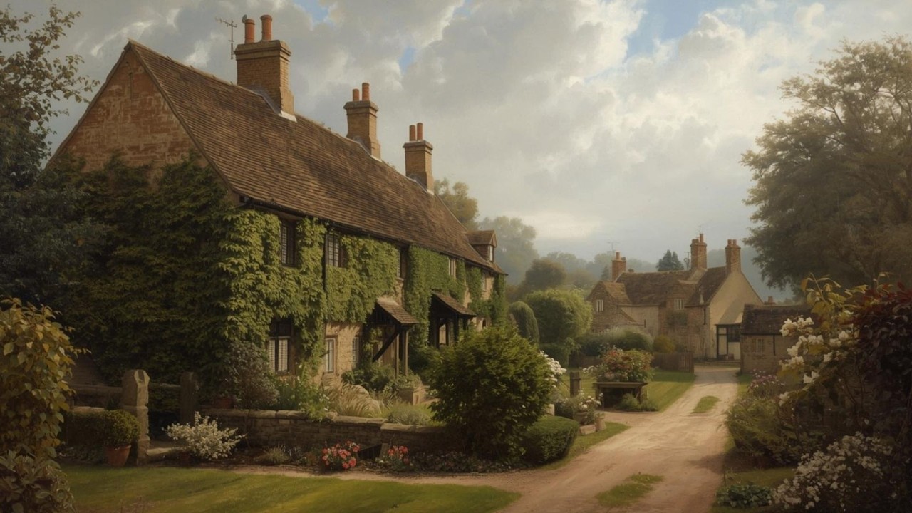 English Garden Cottage with Ivy Lane Vintage Painting  | Frame TV Art Display | 2-Hour Screensaver