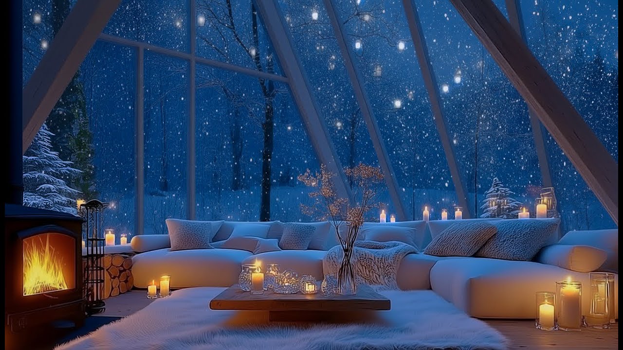 Quiet Blue Winter Night Piano Lounge | Snowfall & Fireplace | Sleep, Focus & Relax