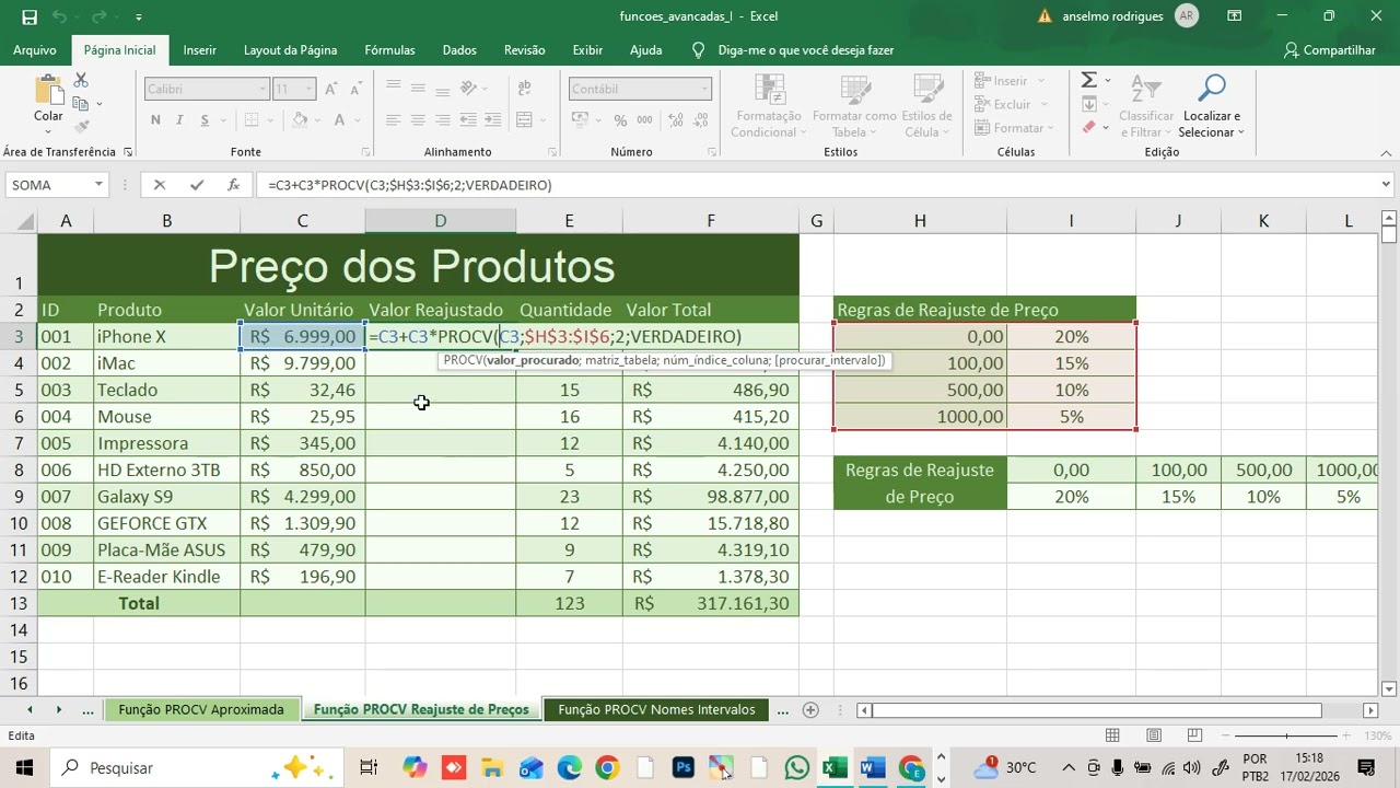 FUNÇÃO PROCV REAJUSTE DE PREÇO
