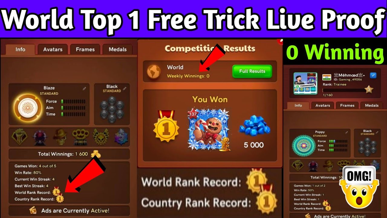 World Rank Country Rank 1 Free Trick🔥||World Top Free Live Proof😱||New Glitch🔥||#CarromPool🔥