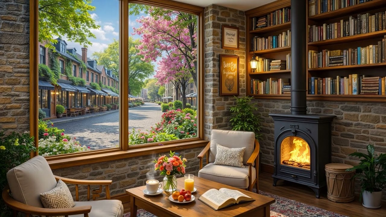 Spring Café Atmosphere & Peaceful Street ☕ Soft Jazz Music & Crackling Fireplace for Deep Focus